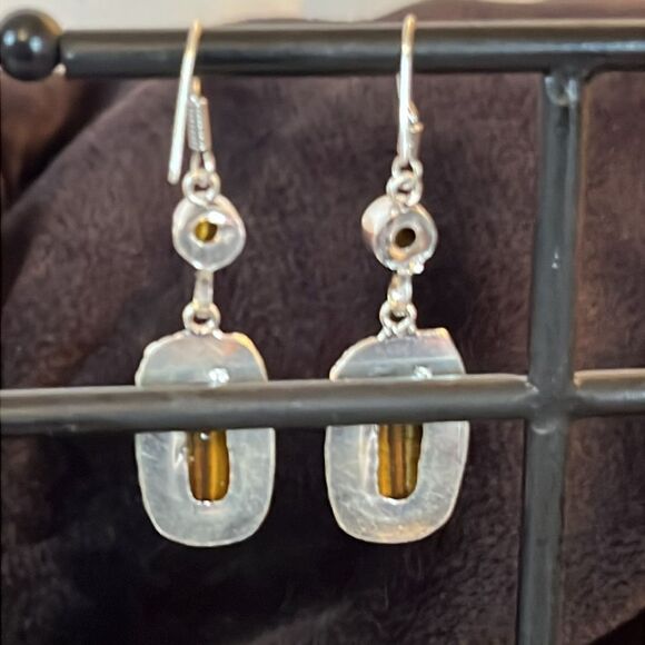 NWT TIGERS EYE 925 STERLING SILVER DANGLE EARRINGS ARTISAN CRAFTED 2” - Picture 4 of 8